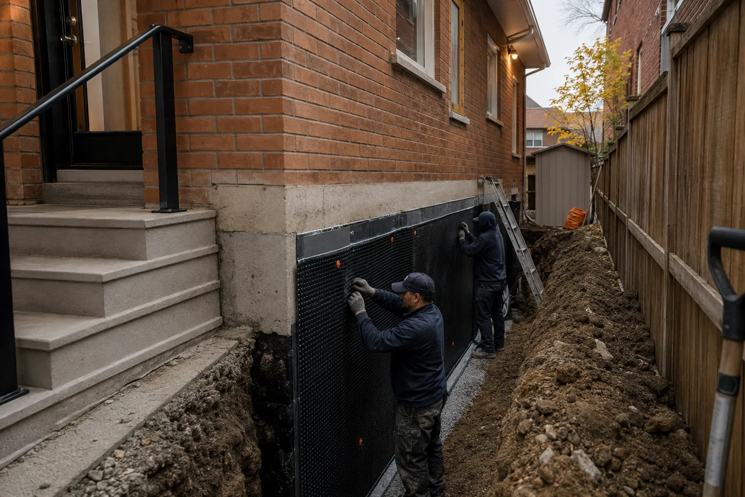 Waterproofing crew exposing a Toronto foundation wall beside a house