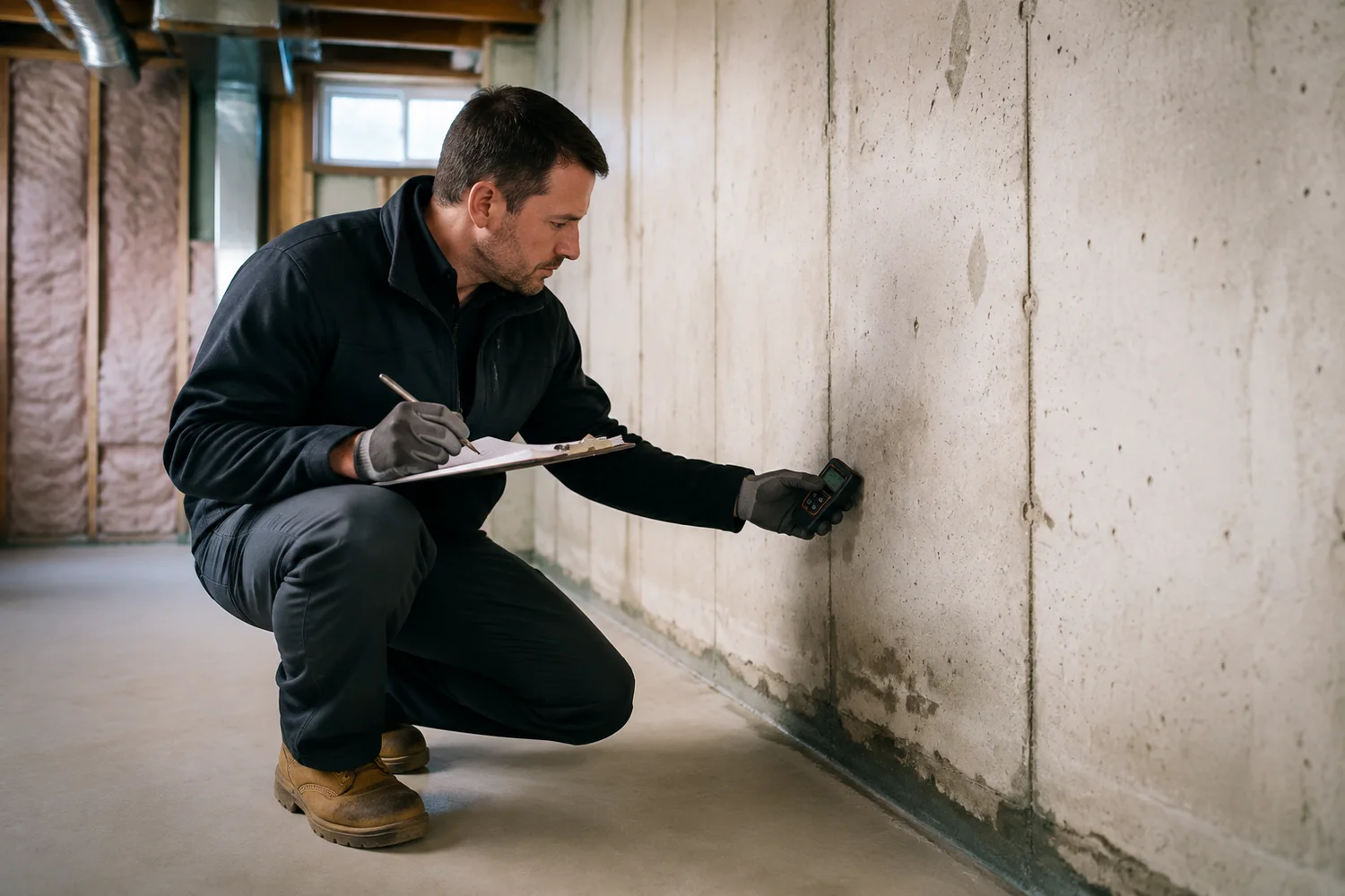 Technician documenting a basement foundation wall and moisture entry evidence